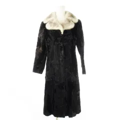 ノーブランド ファーコート ファイアミンク ラム ロング 配色 切替 ミックス 黒 ブラック 茶 ブラウン /CK14 ■GY18