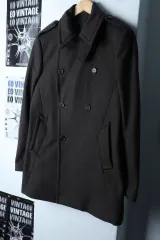 (XL) T.I for men コートジャケット ダブル 肩章 ブラウン ウール-1747C