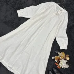 未使用品　スタジオクリップ　ナチュラルバイクリップ　Natural by Studio Clip NA-LキモウギャザーOP　リネン100%シャツワンピース　ロング　フレア　F 白　ホワイト系　長袖　タグ付き