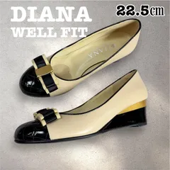 美品　DIANA WELL FIT ダイアナ　リボンパンプス　ウェッジソール　ベージュ×ブラック　22.5㎝