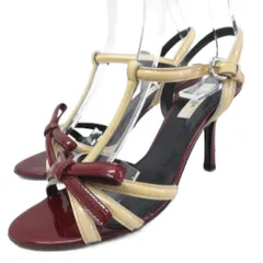 プラダ PRADA ストラップサンダル エナメル ハイヒール ピンヒール リボンモチーフ 35.5 22.5cm ワインレッド ベージュ ■IBO91