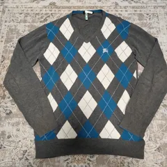 BURBERRY BLACK LABEL バーバリーブラックレーベル  【サイズ】  3　コットンニット　セーター　アーガイル柄　グレー　Vネック　メンズ　中古　古着