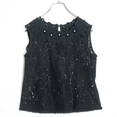 【美品】インゲボルグ★レース編み♪ノースリーブカットソー サイズ3(9号) 黒系 花柄 ビジュー付き z18295