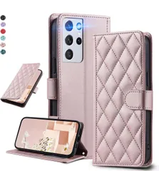 ★UnivoColors Galaxy S21 Ultra 5G (SCG11/SC-52B) キルティングレザー調 手帳型ケース エレガント 高質PU マグネット開閉式 カード収納機能 スタンド機能 液晶全面保護 レンズ保護 ストラップ付属(ゴールドピンク)