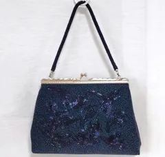 ビーズがま口ハンドバッグ 紺 ネイビー