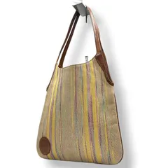 【美品】ハンティングワールド HUNTING WORLD トートバッグ 肩掛け ワンショルダー キャンバス レザー ストライプ マルチカラー ベージュ イエロー 軽量 A4収納可 スリム ロゴ 春夏 カジュアル レディース メンズ 鞄 s13