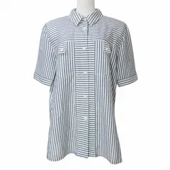 レリアン Leilian シャツ 半袖 ストライプ 9号 M相当 青 白 X