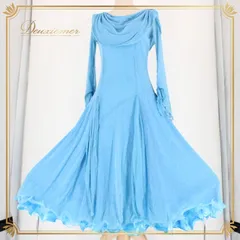 社交ダンス 衣装 スタンダード ドレス ワンピース パーティドレス レディース 水色 prima boutique プリマブティック ブルー系 長袖 ライトブルー 二重スカート ボリューム 優雅 伸縮性 丈約112cm 肩幅約38cm 身幅約41cm