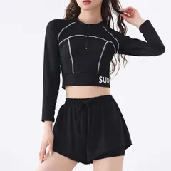 水着 レディース セパレート 長袖 ラッシュガード 体型カバー 黒 ブラック 2点セット ハイウエスト スカート お腹カバー 露出控えめ フィットネス 温泉 ビーチ プール ママ水着 20代 30代 40代 韓国 ファッション おしゃれ 上下セット 痩せ見え