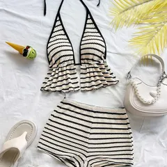 フリルデザイン ビキニ風水着 2点セット レディース バックレス ストライプ 上品セクシー ビーチ リゾート 温泉