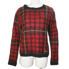 ブルーレーベルクレストブリッジ BLUE LABEL CRESTBRIDGE チェック柄ニット セーター モヘヤ混 長袖 プルオーバー 厚手 ロゴプレート 38 M相当 赤 黒 黄 /X