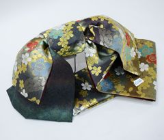 袋帯 正絹 西陣織 花文庫 作り帯 結び帯 着付け不要 黒×金 NO43249 