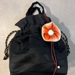 ハンドメイド 巾着バッグ ブラック 和装バッグ ストラップ付き 内ポケットあり正絹