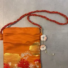 ハンドメイド 和装ショルダーバッグ オレンジ 巾着バッグ 春バッグ ストラップ付き