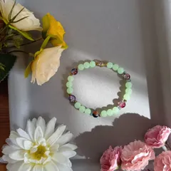 ハンドメイドビーズブレスレット／グリーン×ミックスビーズ／18cm／レディース