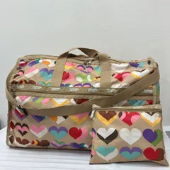 293　LeSportsac　レスポートサック　 ボストンバッグ　2way　旅行　大容量　 エクストララージウィークエンダー　ハート　総柄　 ベージュ系　ナイロン　軽量　ポーチ付き　 レディース
