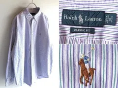 希少 00sビンテージ Ralph Lauren ラルフローレン CLASSIC FIT ポロポニーロゴ刺繍 ストライプシャツ BDシャツ 18 34/35 ラベンダー