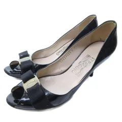 サルヴァトーレフェラガモ Salvatore Ferragamo ヴァラリボン オープントゥ パンプス ヒール エナメル 黒 ブラック 約24cm IBO81