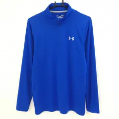 【超美品】アンダーアーマー 長袖ハイネックシャツ ブルー ヒートギア ハーフジップ ロゴプリント メンズ SM ゴルフウェア UNDER ARMOUR