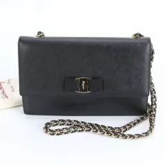 極美品 サルヴァトーレフェラガモ ヴァラリボン レザー チェーン ショルダーバッグ 斜め掛け ブラック 黒 レディース RUM DO19-3【中古】