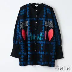KILKI キルキー ブラウス ベジスタンプ 黒 レディース おしゃれ 長袖 襟なし シャツ ノーカラーシャツ 女性 綿 コットン 100% サテン 素材 柄物 インド製 かわいい 大人 ハンドメイド ギフト プレゼント ブラック 5S-B43 Kl002のサムネイル
