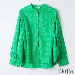 KILKI キルキー ブラウス ダイスチェック レディース おしゃれ 長袖 襟なし シャツ ノーカラーシャツ 女性 綿 コットン 100% キャンブリック チェック柄 インド製 大人 ギフト プレゼント グリーン 5B-B41 Kl006のサムネイル