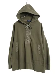 【お得なクーポン配布中!】 ポロ ラルフローレン レースアップ スウェット フード パーカー レディース XS S ミリタリー タイプ プルオーバー 裏起毛 カーキ スリット