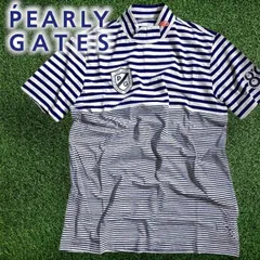 パーリーゲイツ ゴルフ 日本製 ソルディフェンダー 吸汗速乾 接触冷感 エンブレムプリント ボーダー柄 モックネック 半袖 カットソー インナー Tシャツ ゴルフウェア 053-2267703 定価1.4万 ブルー ライトグレー  ▲016▼50328w03