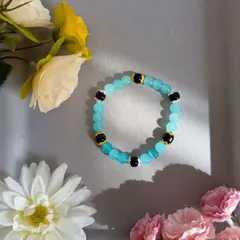 ハンドメイドビーズブレスレット／ブルー×ブラック×メタルパーツ／13cm／レディース・キッズ