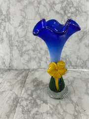 小ぶり　花瓶　一輪挿し　ガラス製　お洒落　花柄　ブルー