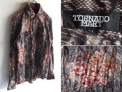 トルネードマート 七分袖シャツ 薔薇 ローズ柄 シワ加工 レッド