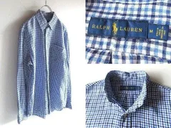 Ralph Lauren ラルフローレン ギンガムチェック柄 麻100% リネン ボタンダウン BDシャツ M 青 紺 白 インド製 国内正規品