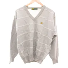 ゴールデンベア GOLDEN BEAR 美品 ニット セーター ウール M グレー Vネック 長袖 ストライプ柄 ロゴ刺繍 /RG ■ECF001