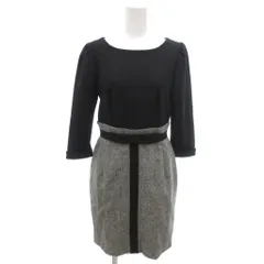 ジャスグリッティー JUSGLITTY ドッキング ワンピースひざ丈 ウール 1 黒 ブラック グレー ラウンドネック 七分袖 ウエストリボン /NL ■GY60