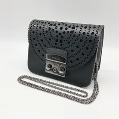 FURLA フルラ メトロポリス レザーカット加工 レース柄 チェーンショルダーバッグ クラッチバッグ ミニバッグ ブラック 黒 シルバー金具【中古】Aランク　2_265