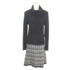 シューラルー SHOO・LA・RUE ニットワンピース M 紺 ネイビー 白 ホワイト 長袖 タートルネック チェック柄 /MN28 ■GY58