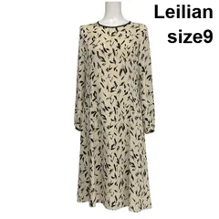 ◇ レリアン Leilian プリントワンピース 長袖 ロング丈 フレア クルーネック Aライン 総柄 アイボリー 黒 9 M 9号 レディース S6C021