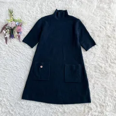 フォロワー限定お得なクーポン配布中！ 『ZARA』ザラ　五分袖ニットワンピース　ひざ丈　ハイネック　Aライン　ウール混　ポケット　ネイビー(M)