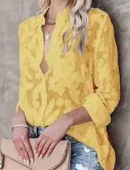 【イエロー】ブラウス レディース シアーシャツ 長袖 トップス カジュアル 透け感 きれいめ Vネック 春 夏