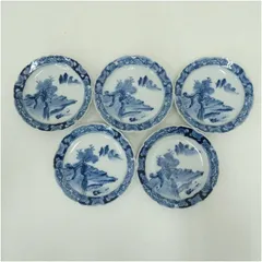 明治期　伊万里焼　染付山水輪花五寸皿5客  和食器 おしゃれ 和食 洋食 料理 プレート 中皿 取り皿 飲食店 料亭 旅館 カフェ 居酒屋 来客