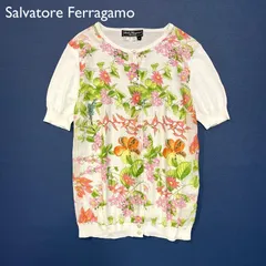 cE36 Salvatore Ferragamo 花柄 シフォン ドッキング カーディガン 半袖 ボタン ブランドロゴ 刻印 サルヴァトーレフェラガモ 白 ホワイト フェラガモのサムネイル