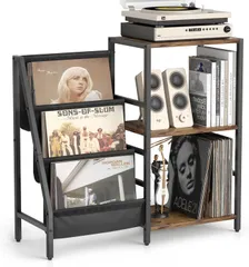 レコード収納ラック、3段レコードラック、200枚のレコードを収納でき、レコードプレーヤーの収納に適しています