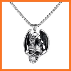 【新品】 [Rockyu] ネックレス メンズ ブランド シルバー ブラック 髑髏ネックレス ドクロペンダント ロック レトロ アンティーク風 ステンレス製 金属アレルギー対応 誕生日 パーティー プレゼント かっこいい アクセサリー (黒天使) 1