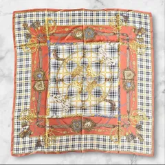 ヴィンテージ調 チェック柄×馬具柄 シルクスカーフ 大判 日本製