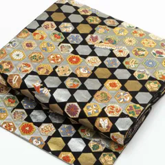 袋帯 唐織 宝尽し文 植物文 亀甲 黒 金 銀 マルチカラー 西陣織 正絹 礼装用