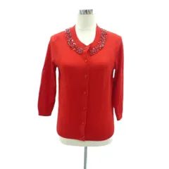 ケイトスペード KATE SPADE ニットカーディガン ミドル丈 M 赤 レッド ビジュー 七分袖 /HO49 ■GY61