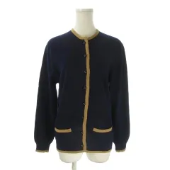 アクアスキュータム AQUASCUTUM カーディガン ウール 36 紺 ネイビー ラウンドネック 長袖 パイピングデザイン /AO28 ■GY58