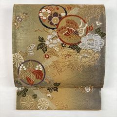【総刺繍級】上質 袋帯 グレージュ 金糸 くすみカラー 花丸文 柔らか 軽量 総刺繍級】上質 袋帯 グレージュ 金糸 くすみカラー 花丸文 柔らか