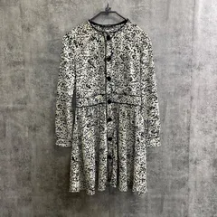 【k-151】ZARA BASIC 総柄 ワンピース ブラック ホワイト Sサイズ 長袖 フレア 膝丈 モノトーン レディース