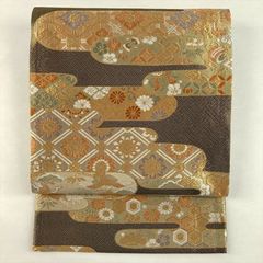 美品 正絹 袋帯 金糸 古典柄 吉祥文様 唐織 亀甲 華文 着物 フォーマル 